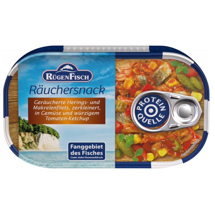 RügenFisch Räuchersnack Räucherfisch 120 g – Geräucherte Herings- und Makrelenfilets in Gemüse und würzigem Tomaten-Ketchup, ohne Geschmacksverstärker