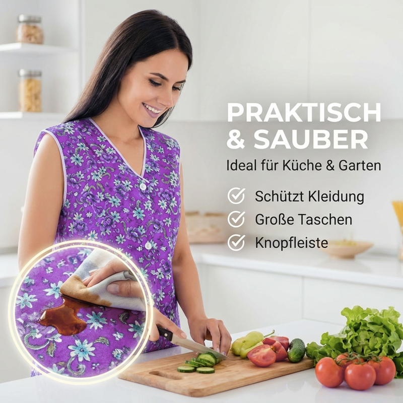 Dederon Kittel-Schürze lila geblümt im locker-leichter Schnitt - tolles Muster und leuchtende Farben