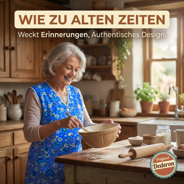 Dederon Kittel-Schürze in hellem Blau im locker-leichter Schnitt - tolles Muster und leuchtende Farben