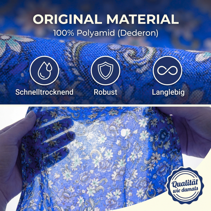 Dederon Kittel-Schürze in hellem Blau im locker-leichter Schnitt - tolles Muster und leuchtende Farben