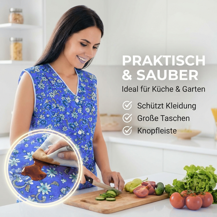 Dederon Kittel-Schürze in hellem Blau im locker-leichter Schnitt - tolles Muster und leuchtende Farben