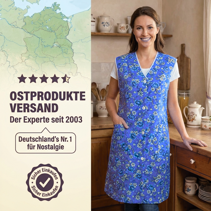 Dederon Kittel-Schürze in hellem Blau im locker-leichter Schnitt - tolles Muster und leuchtende Farben
