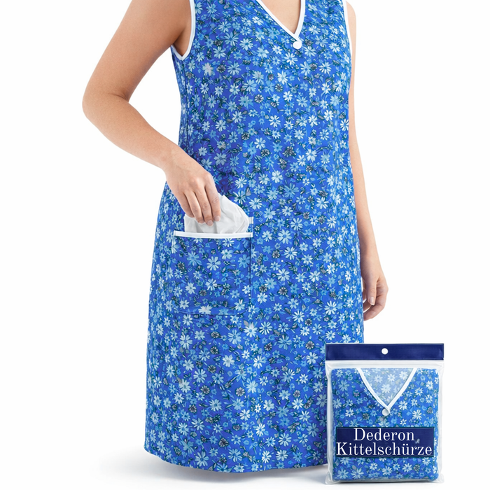 Dederon Kittel-Schürze in hellem Blau im locker-leichter Schnitt - tolles Muster und leuchtende Farben