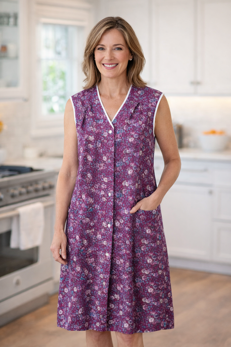 Dederon Kittel-Schürze lila geblümt im locker-leichter Schnitt - tolles Muster und leuchtende Farben