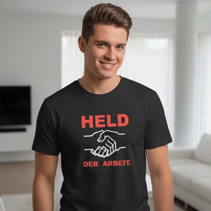 Held der Arbeit – Schwarzes T-Shirt mit farbigem Logo-Aufdruck - klassischer Unisex-Schnitt 100 % Baumwolle