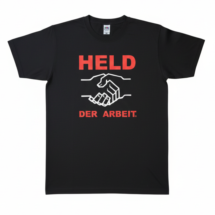 Held der Arbeit – Schwarzes T-Shirt mit farbigem Logo-Aufdruck - klassischer Unisex-Schnitt 100 % Baumwolle