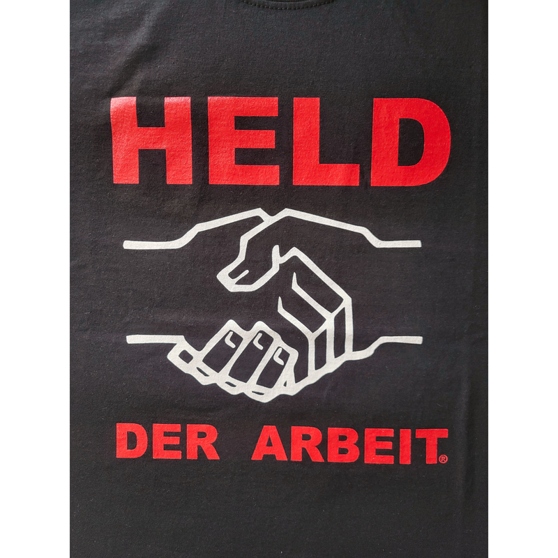 Held der Arbeit – Schwarzes T-Shirt mit farbigem Logo-Aufdruck - klassischer Unisex-Schnitt 100 % Baumwolle