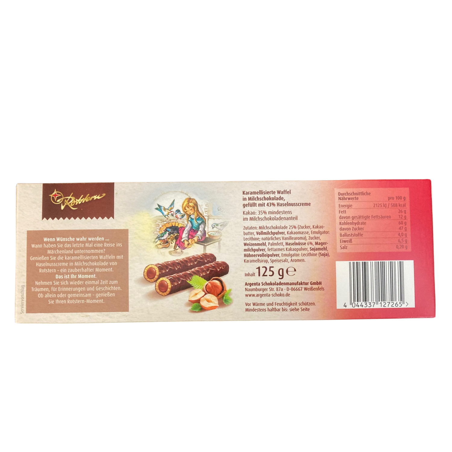 Rotstern Waffelröllchen - Märchenhafter Haselnusstraum - Waffelröllchen mit Haselnusscreme und Milchschokolade 125g