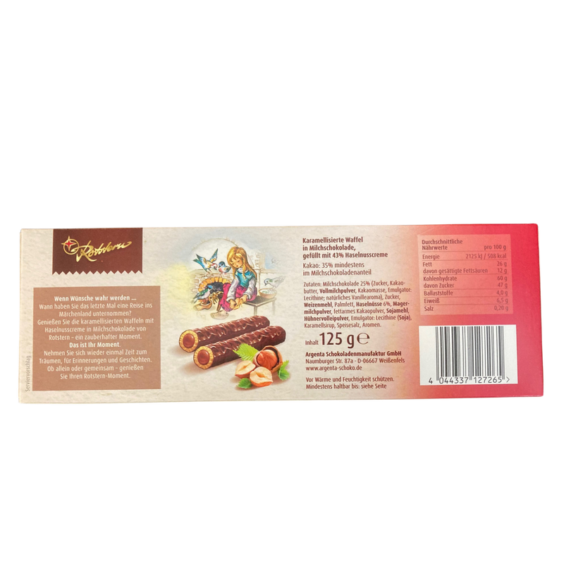 Rotstern Waffelröllchen - Märchenhafter Haselnusstraum - Waffelröllchen mit Haselnusscreme und Milchschokolade 125g