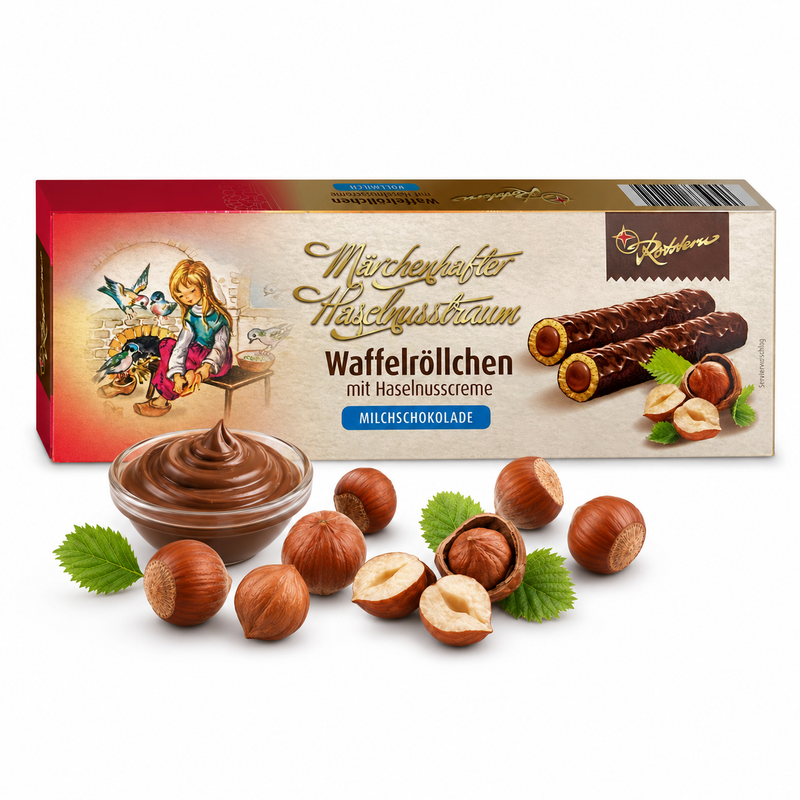 Rotstern Waffelröllchen - Märchenhafter Haselnusstraum - Waffelröllchen mit Haselnusscreme und Milchschokolade 125g