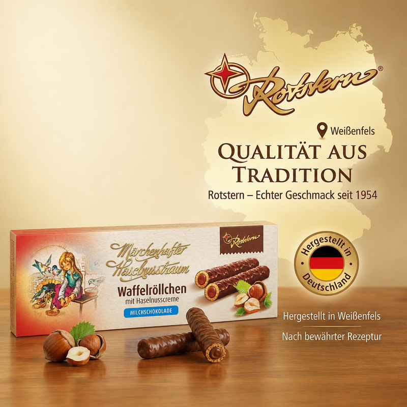 Rotstern Waffelröllchen - Märchenhafter Haselnusstraum - Waffelröllchen mit Haselnusscreme und Milchschokolade 125g