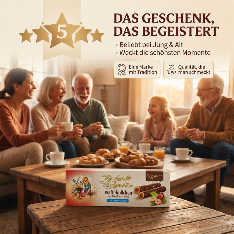 Rotstern Waffelröllchen - Märchenhafter Haselnusstraum - Waffelröllchen mit Haselnusscreme und Milchschokolade 125g