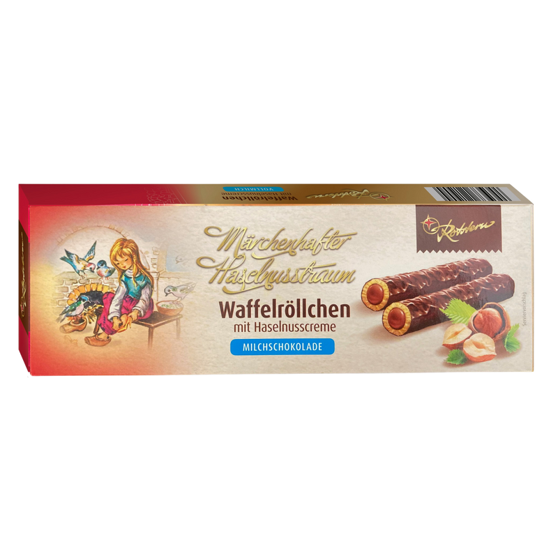 Rotstern Waffelröllchen - Märchenhafter Haselnusstraum - Waffelröllchen mit Haselnusscreme und Milchschokolade 125g