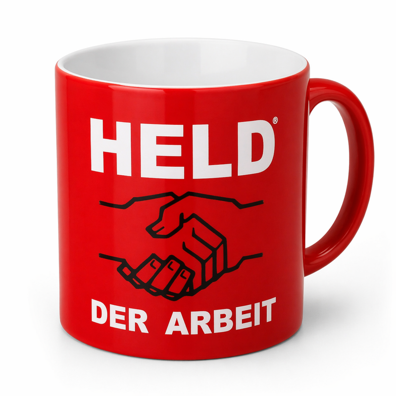 Roter Held-der-Arbeit-Becher – Keramik-Tasse mit Aufdruck Held der Arbeit - 0,30 l - spülmaschinenfest