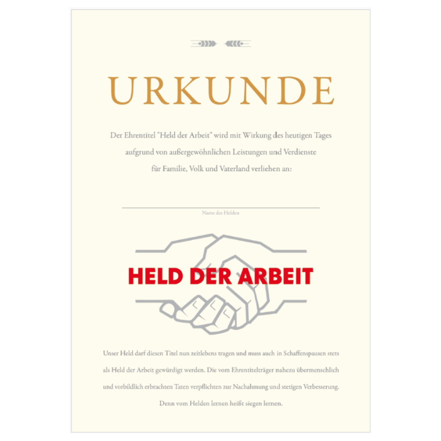 Urkunde - Held der Arbeit A5