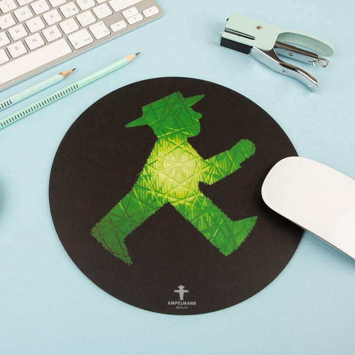 Mousepad Ampelmann Geher – Ø 21 cm, Schwarz mit grünem Druck, rutschfest & abwaschbar