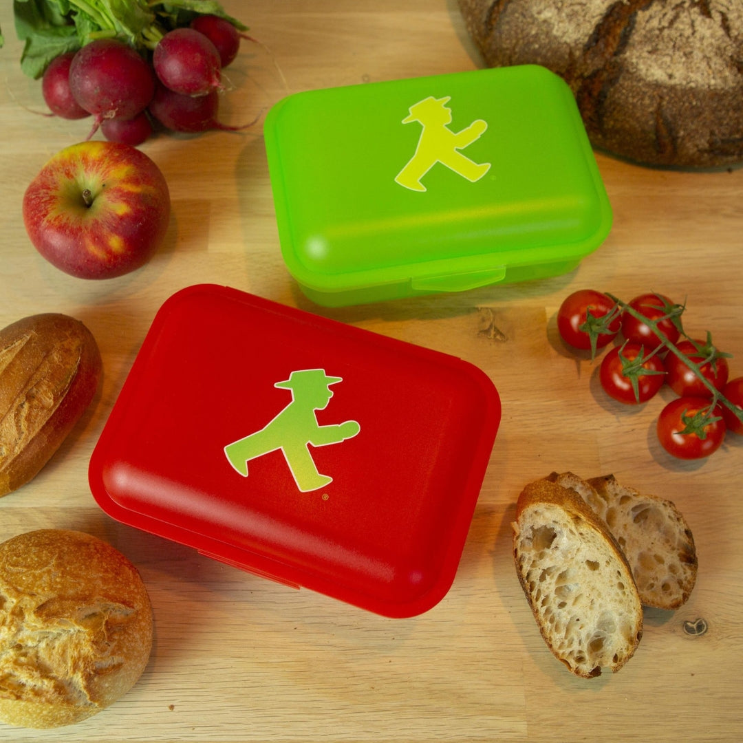 Rote Pausenbrot-Box für Kinder mit Trennfach - 13x18x6,5 cm - und Ampelmann-Aufdruck