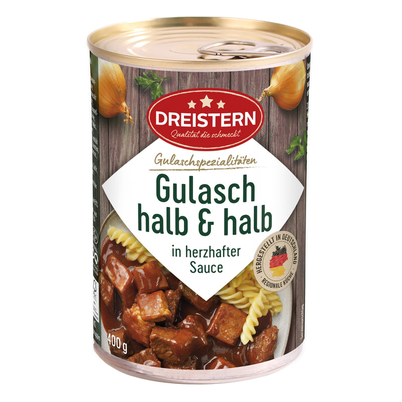 Dreistern Hausmacher Gulasch halb & halb (aus Rind- und Schweinefleisch) 400g Dose