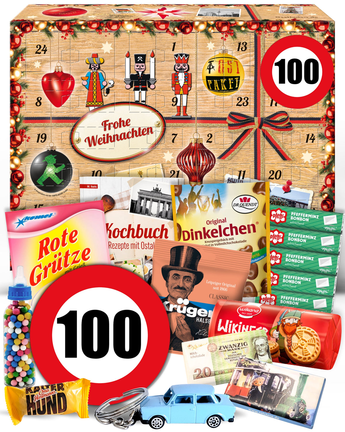 Geburtstag 100 - Ostalgie Adventskalender 2026 – 24 Erinnerungen & Kultprodukte mit Marken wie Viba, Halloren, Zetti, Komet & Pfeffi