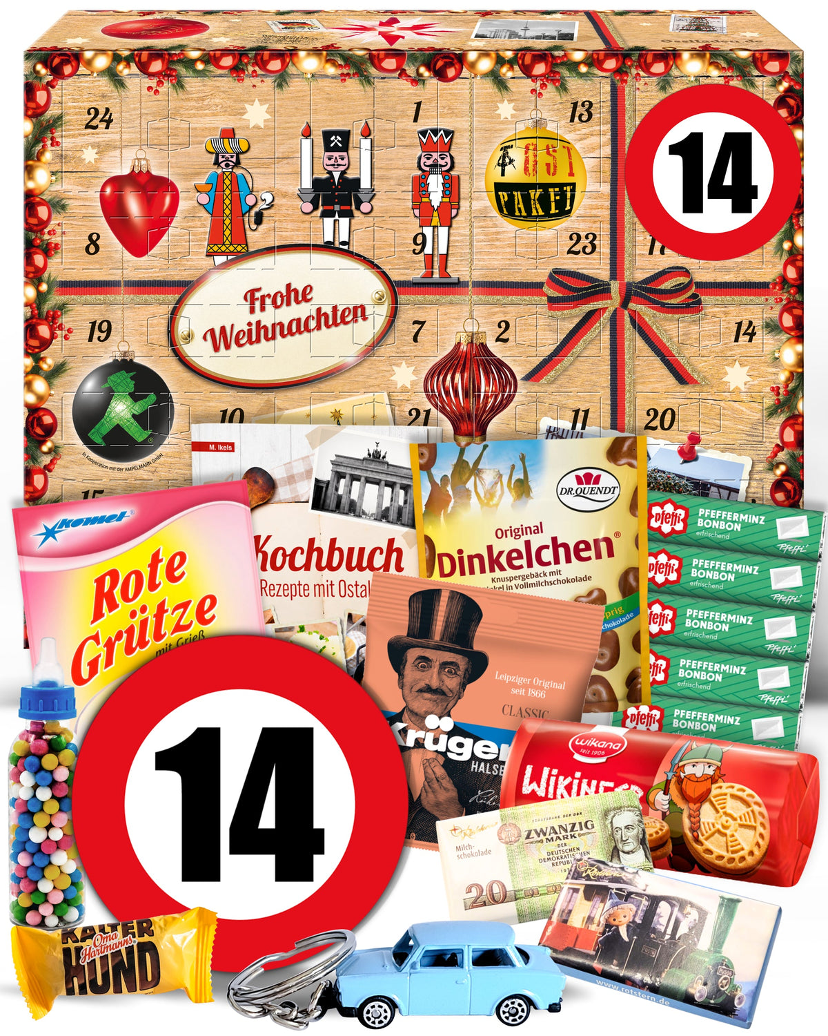 Geburtstag 14 - Ostalgie Adventskalender 2026 – 24 Erinnerungen & Kultprodukte mit Marken wie Viba, Halloren, Zetti, Komet & Pfeffi