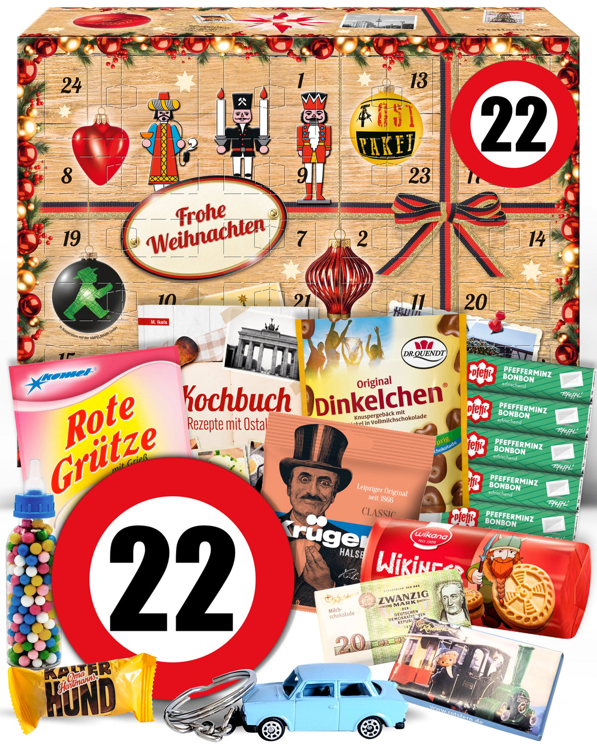 Geburtstag 22 - Ostalgie Adventskalender 2026 – 24 Erinnerungen & Kultprodukte mit Marken wie Viba, Halloren, Zetti, Komet & Pfeffi