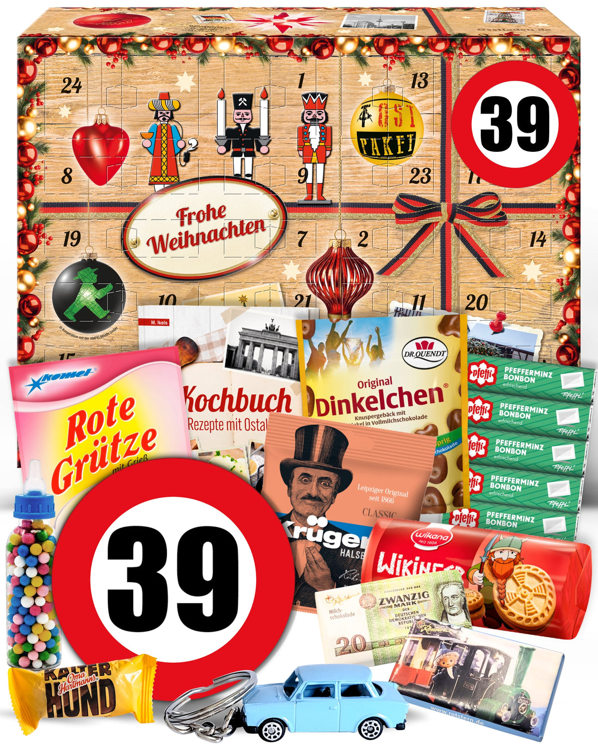 Geburtstag 39 - Ostalgie Adventskalender 2026 – 24 Erinnerungen & Kultprodukte mit Marken wie Viba, Halloren, Zetti, Komet & Pfeffi