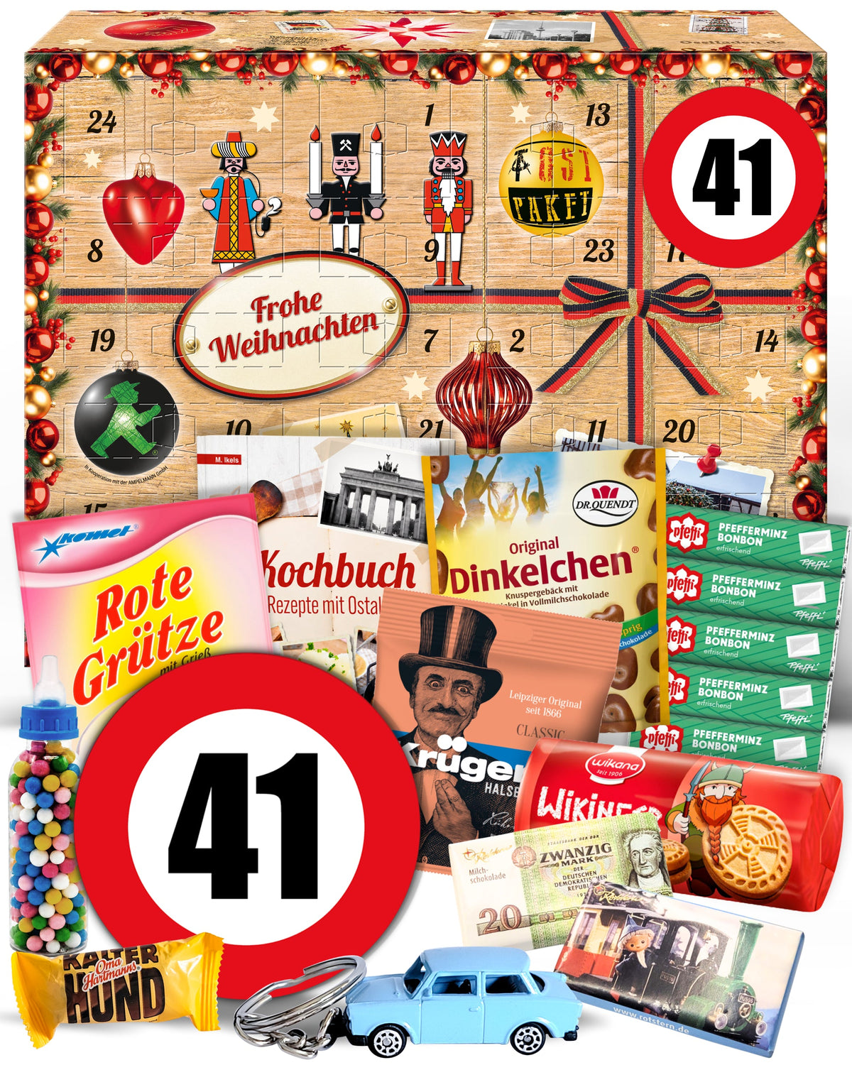 Geburtstag 41 - Ostalgie Adventskalender 2026 – 24 Erinnerungen & Kultprodukte mit Marken wie Viba, Halloren, Zetti, Komet & Pfeffi