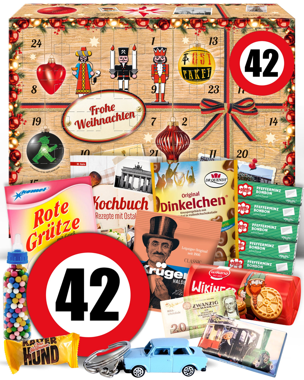 Geburtstag 42 - Ostalgie Adventskalender 2026 – 24 Erinnerungen & Kultprodukte mit Marken wie Viba, Halloren, Zetti, Komet & Pfeffi