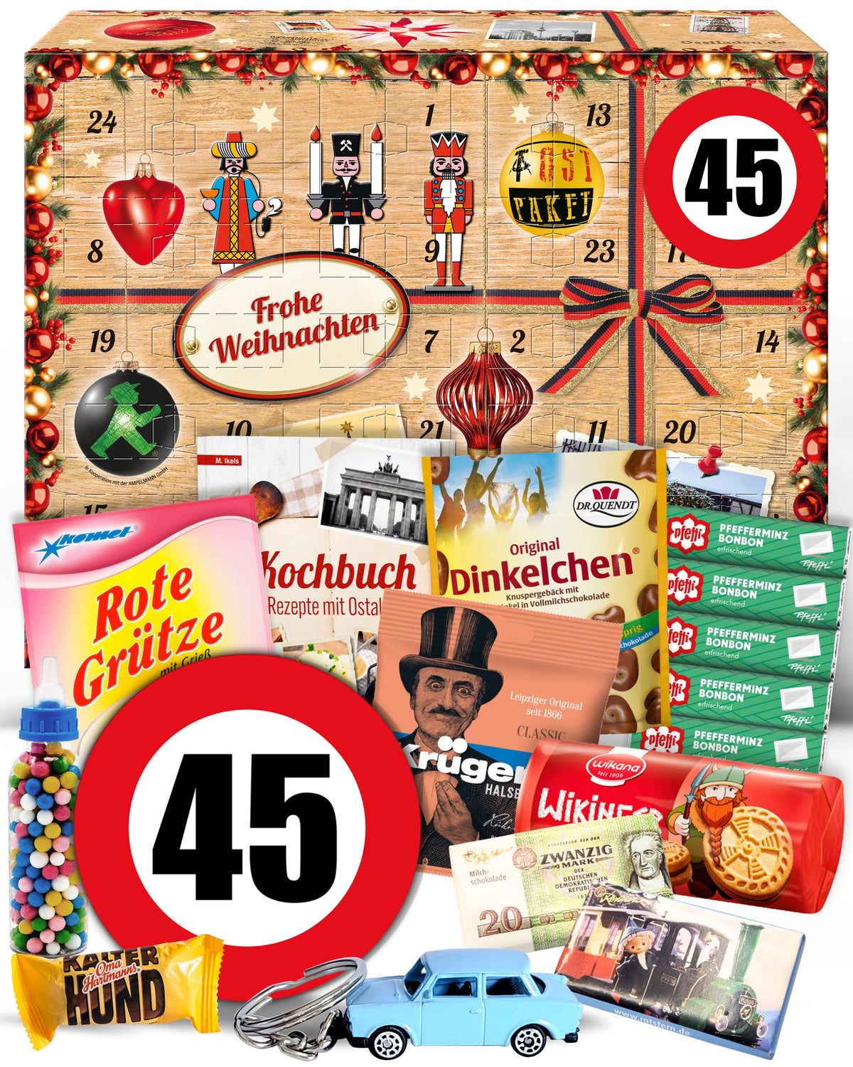 Geburtstag 45 - Ostalgie Adventskalender 2026 – 24 Erinnerungen & Kultprodukte mit Marken wie Viba, Halloren, Zetti, Komet & Pfeffi