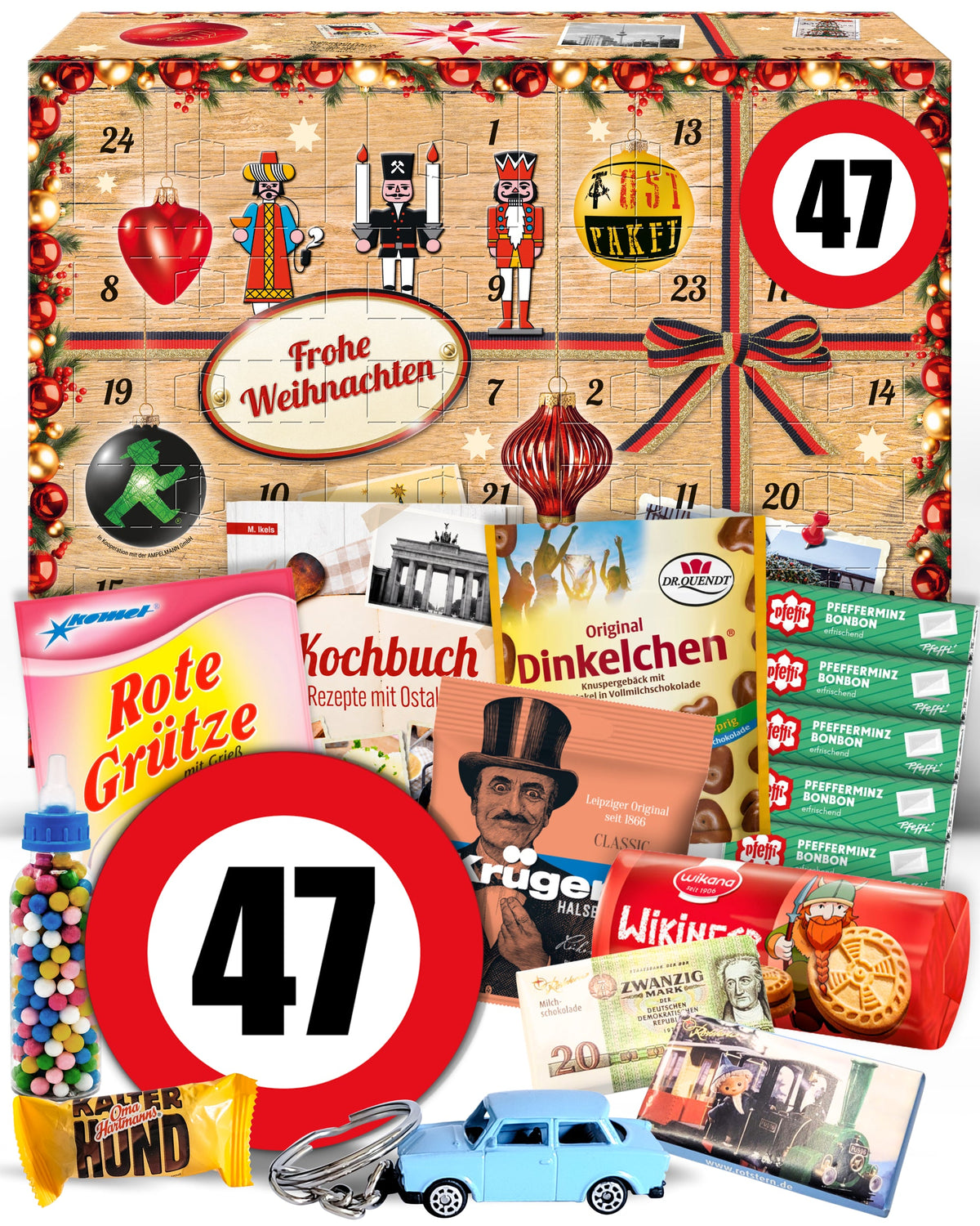 Geburtstag 47 - Ostalgie Adventskalender 2026 – 24 Erinnerungen & Kultprodukte mit Marken wie Viba, Halloren, Zetti, Komet & Pfeffi