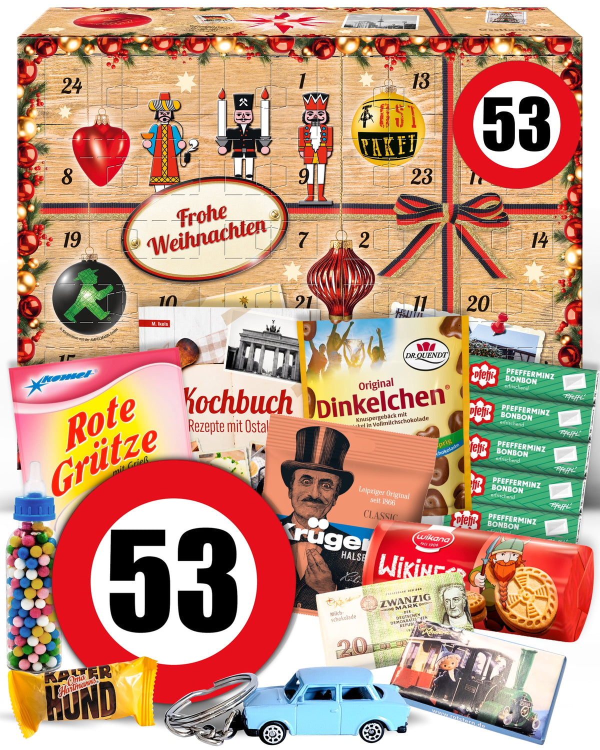 Geburtstag 53 - Ostalgie Adventskalender 2026 – 24 Erinnerungen & Kultprodukte mit Marken wie Viba, Halloren, Zetti, Komet & Pfeffi