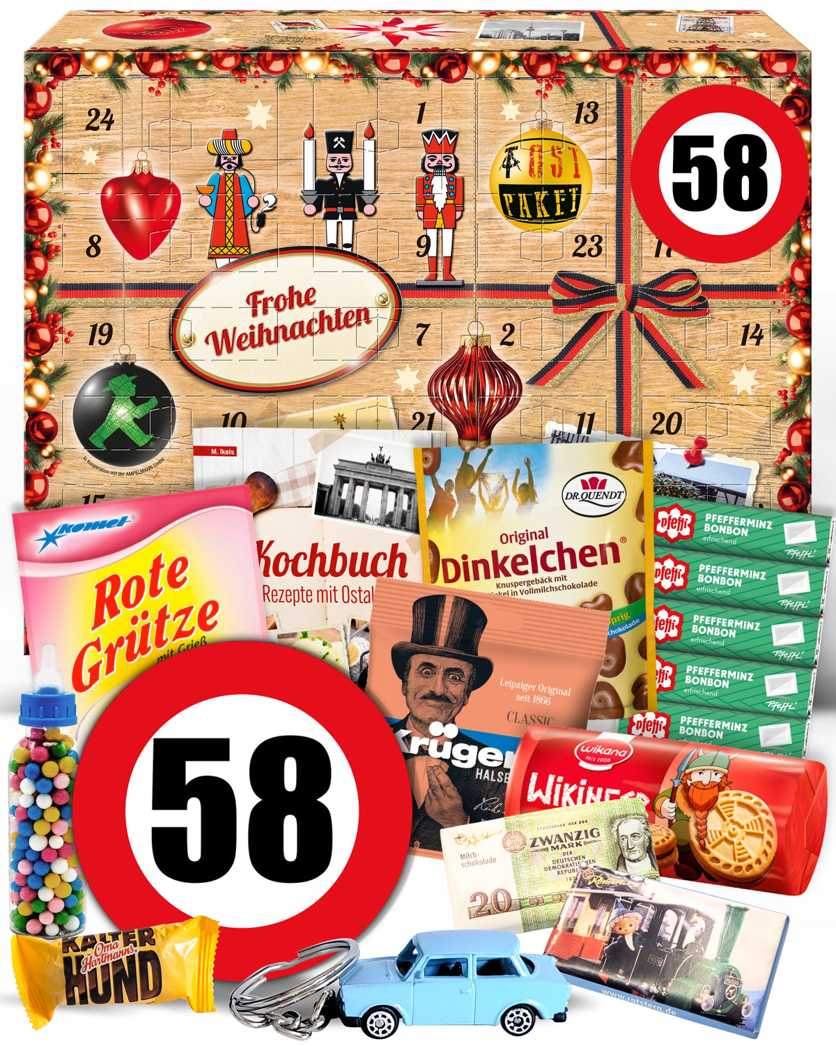 Geburtstag 58 - Ostalgie Adventskalender 2026 – 24 Erinnerungen & Kultprodukte mit Marken wie Viba, Halloren, Zetti, Komet & Pfeffi