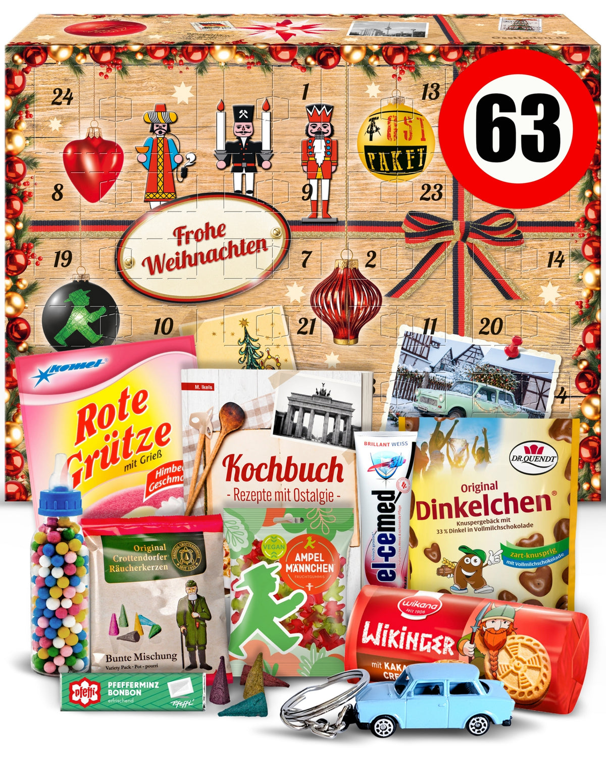 Geburtstag 63 - Ostalgie Adventskalender 2026 – 24 Erinnerungen & Kultprodukte mit Marken wie Viba, Halloren, Zetti, Komet & Pfeffi