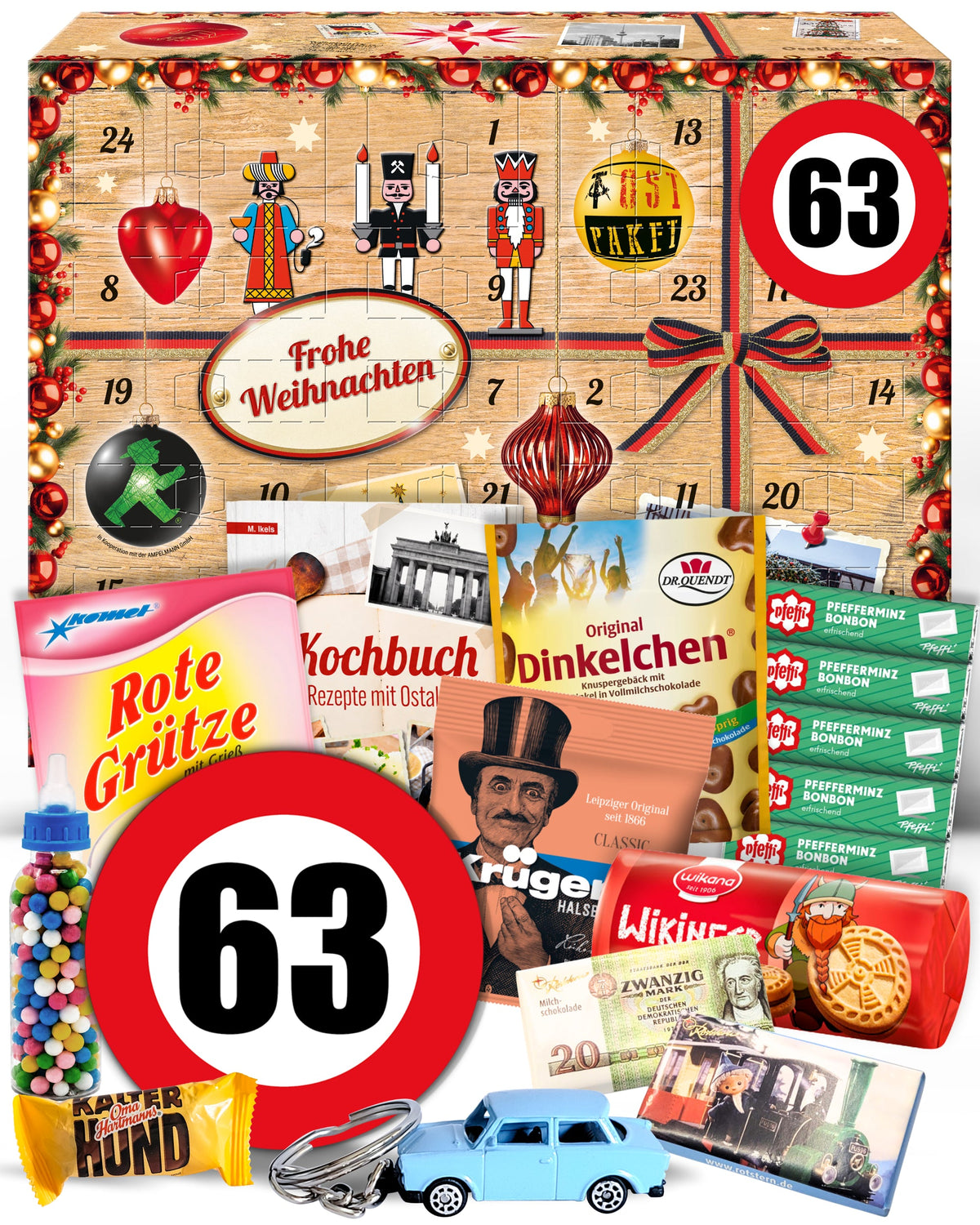 Geburtstag 63 - Ostalgie Adventskalender 2026 – 24 Erinnerungen & Kultprodukte mit Marken wie Viba, Halloren, Zetti, Komet & Pfeffi
