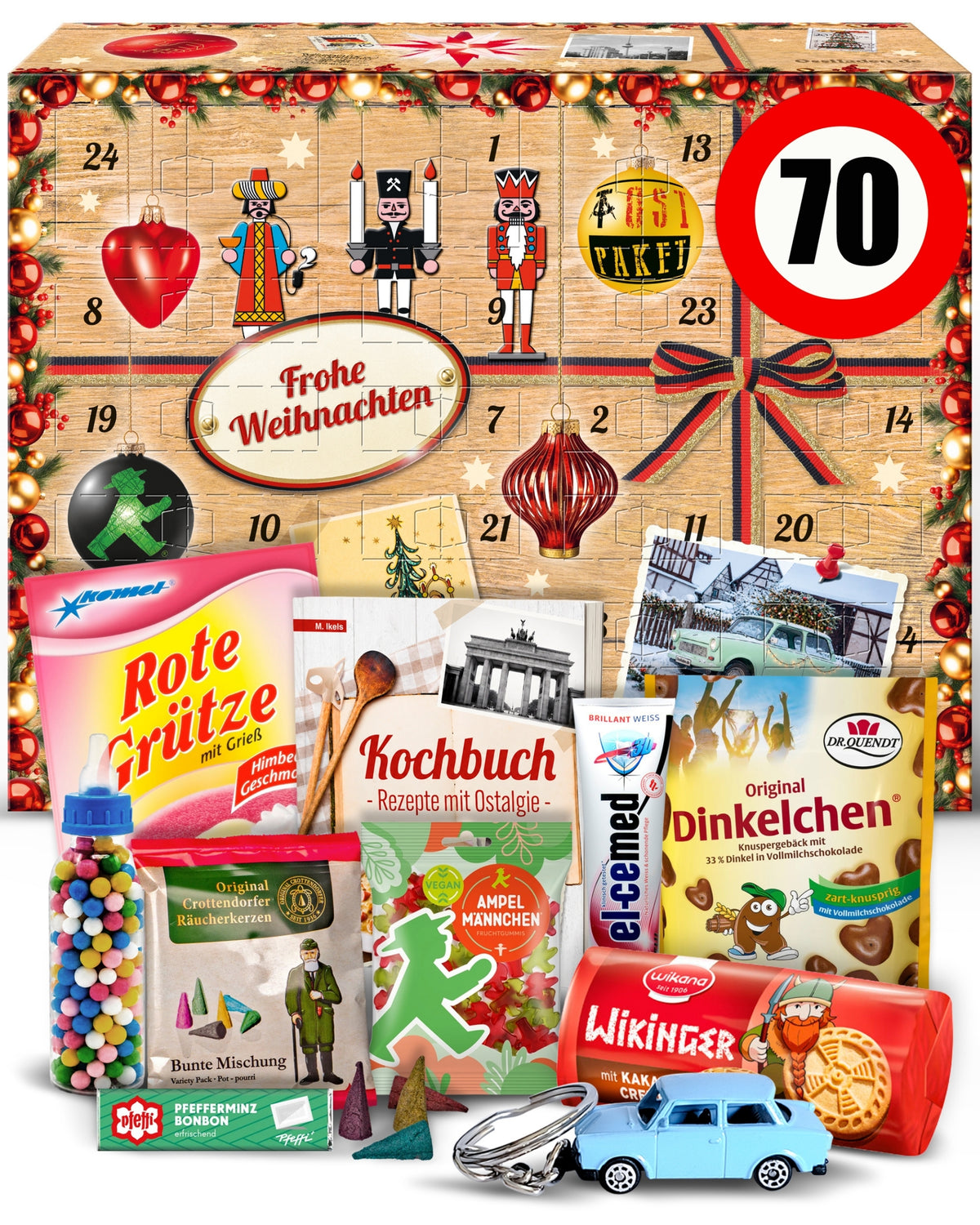 Geburtstag 70 - Ostalgie Adventskalender 2026 – 24 Erinnerungen & Kultprodukte mit Marken wie Viba, Halloren, Zetti, Komet & Pfeffi