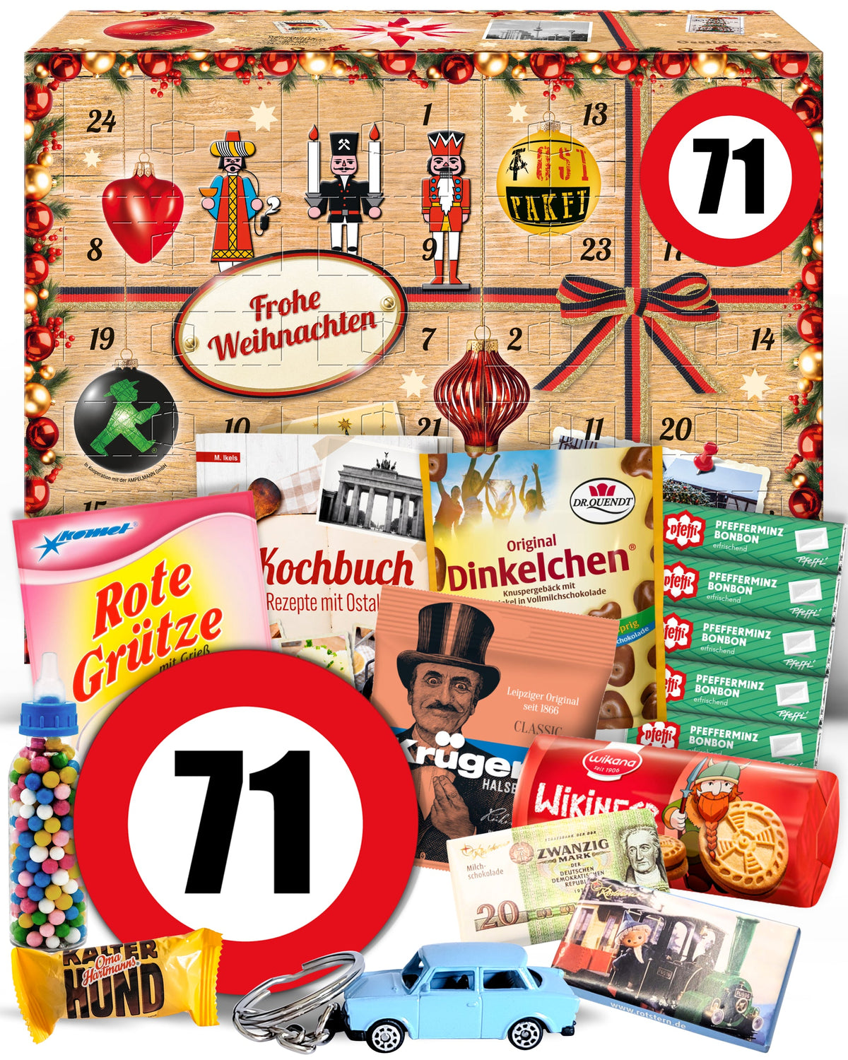 Geburtstag 71 - Ostalgie Adventskalender 2026 – 24 Erinnerungen & Kultprodukte mit Marken wie Viba, Halloren, Zetti, Komet & Pfeffi