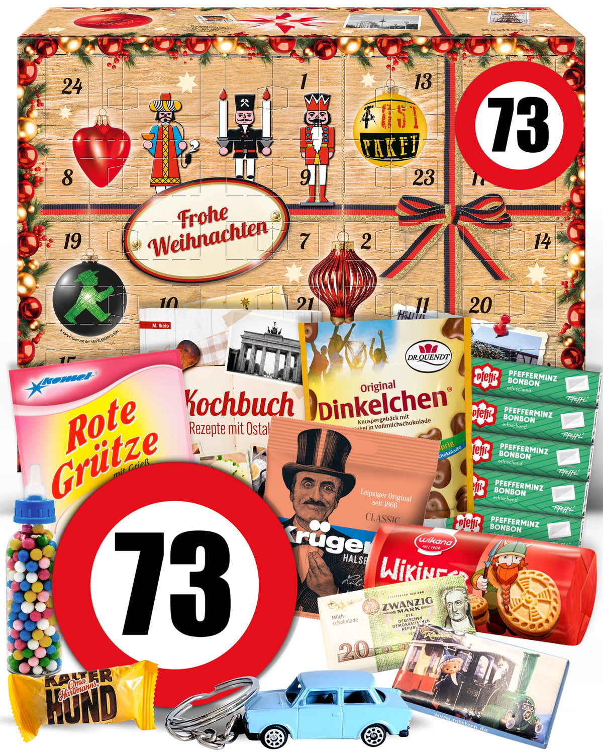 Geburtstag 73 - Ostalgie Adventskalender 2026 – 24 Erinnerungen & Kultprodukte mit Marken wie Viba, Halloren, Zetti, Komet & Pfeffi