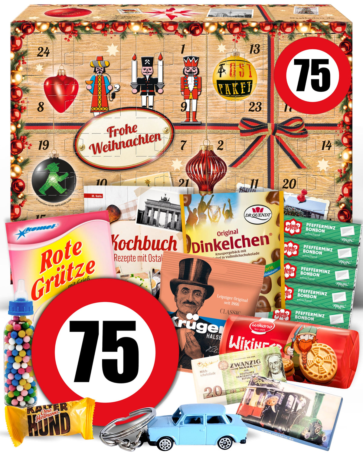 Geburtstag 75 - Ostalgie Adventskalender 2026 – 24 Erinnerungen & Kultprodukte mit Marken wie Viba, Halloren, Zetti, Komet & Pfeffi