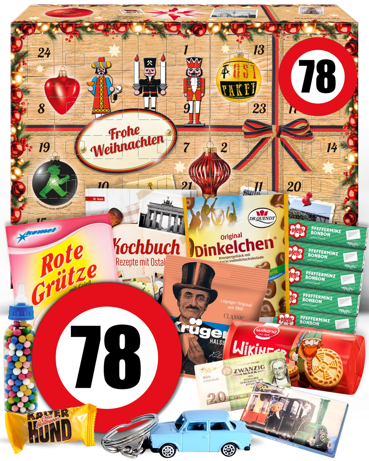 Geburtstag 78 - Ostalgie Adventskalender 2026 – 24 Erinnerungen & Kultprodukte mit Marken wie Viba, Halloren, Zetti, Komet & Pfeffi