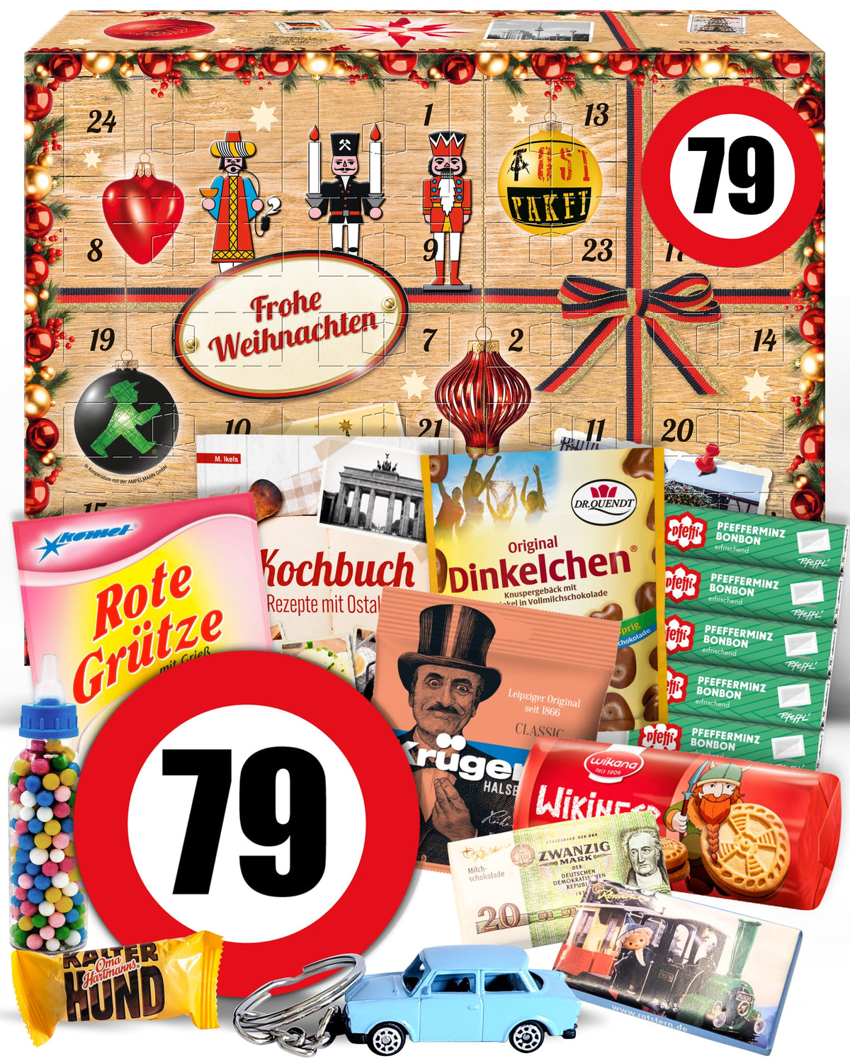 Geburtstag 79 - Ostalgie Adventskalender 2026 – 24 Erinnerungen & Kultprodukte mit Marken wie Viba, Halloren, Zetti, Komet & Pfeffi