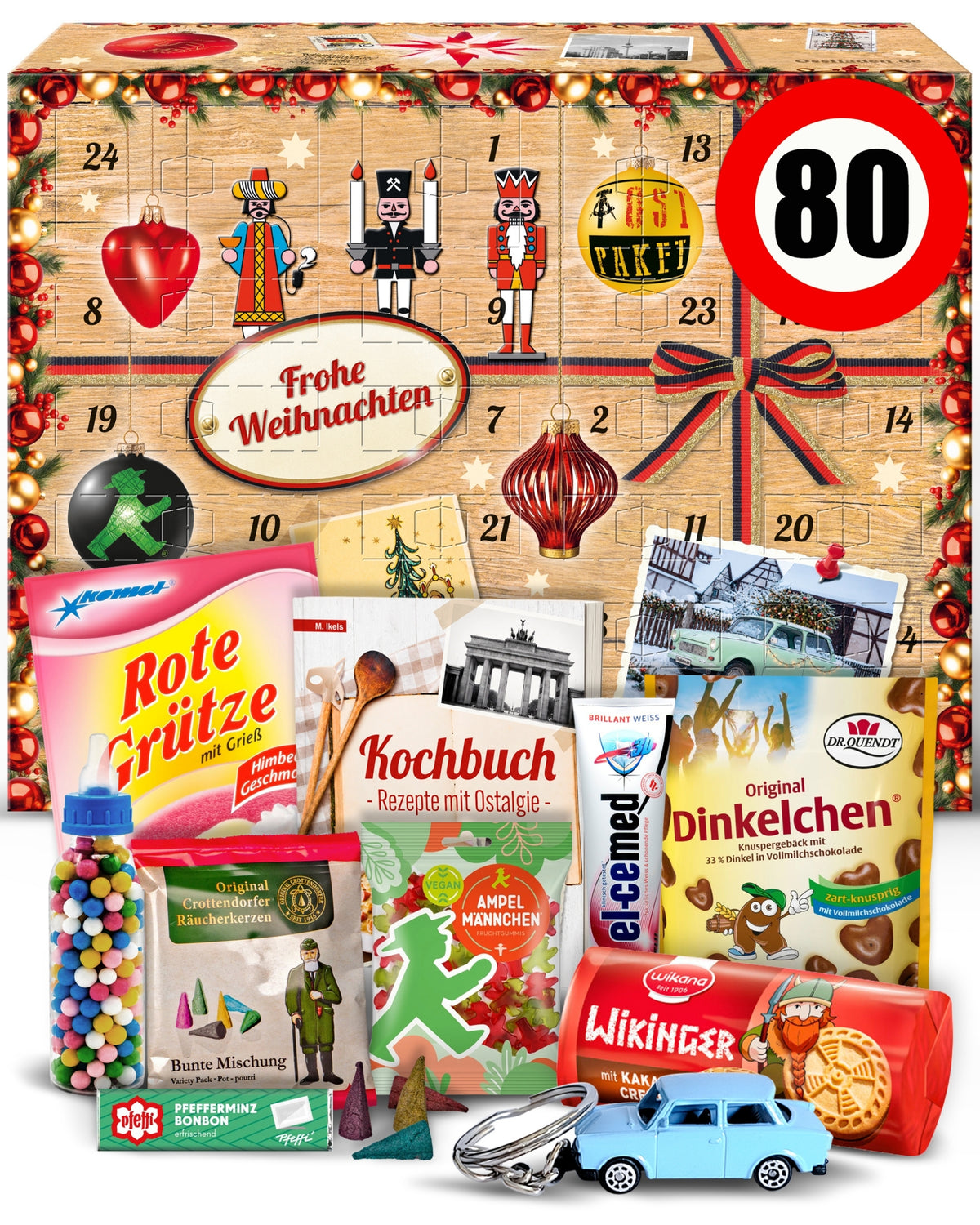 Geburtstag 80 - Ostalgie Adventskalender 2026 – 24 Erinnerungen & Kultprodukte mit Marken wie Viba, Halloren, Zetti, Komet & Pfeffi