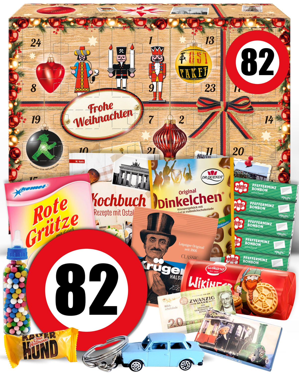 Geburtstag 82 - Ostalgie Adventskalender 2026 – 24 Erinnerungen & Kultprodukte mit Marken wie Viba, Halloren, Zetti, Komet & Pfeffi
