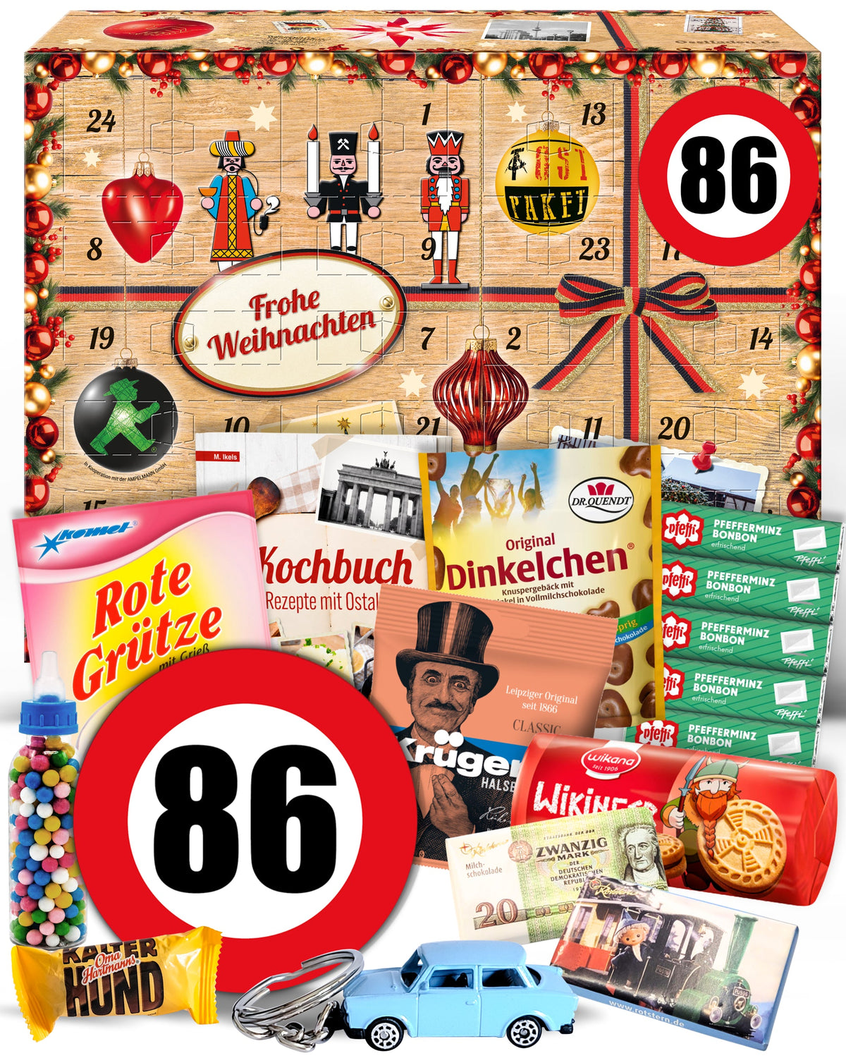 Geburtstag 86 - Ostalgie Adventskalender 2026 – 24 Erinnerungen & Kultprodukte mit Marken wie Viba, Halloren, Zetti, Komet & Pfeffi