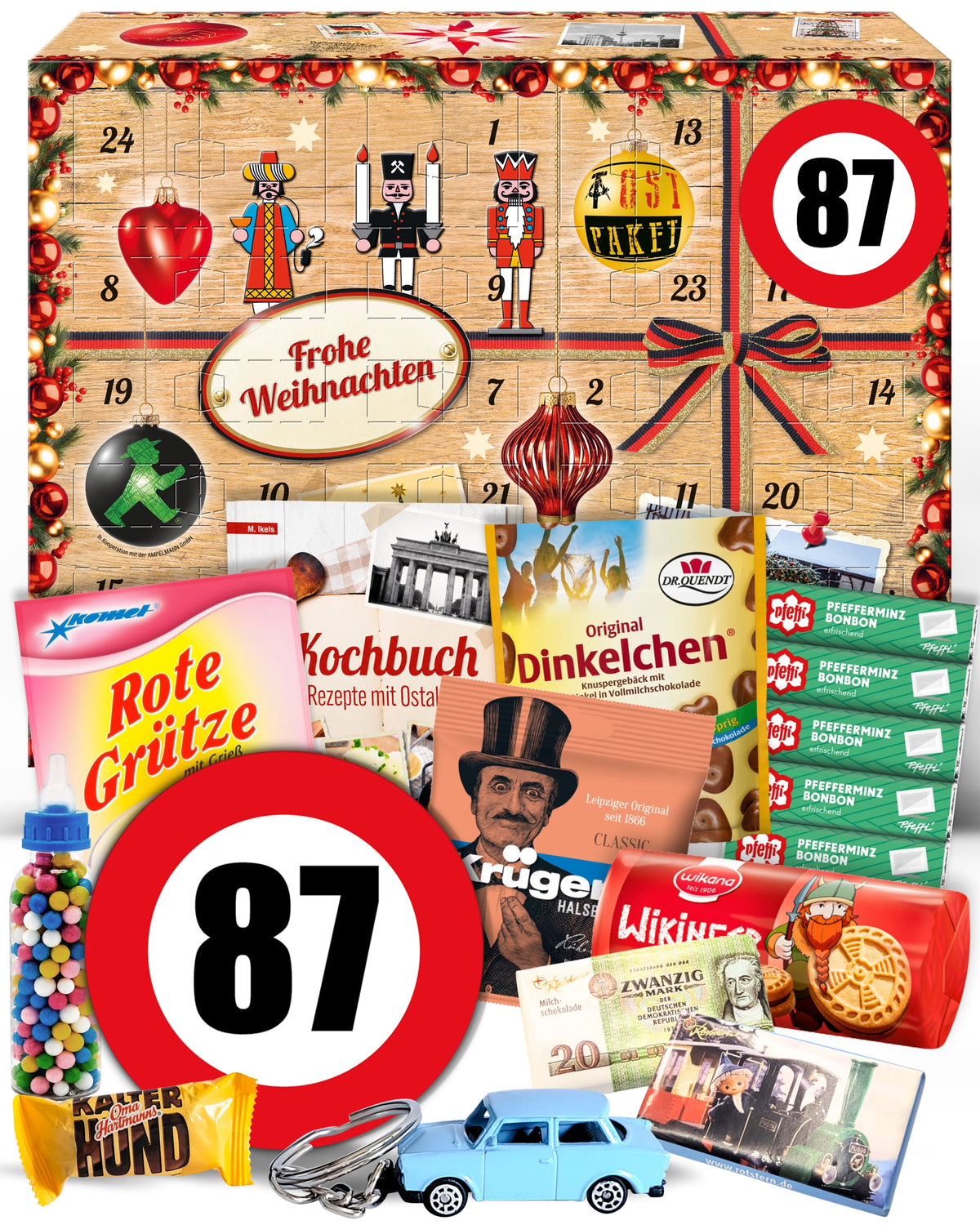 Geburtstag 87 - Ostalgie Adventskalender 2026 – 24 Erinnerungen & Kultprodukte mit Marken wie Viba, Halloren, Zetti, Komet & Pfeffi