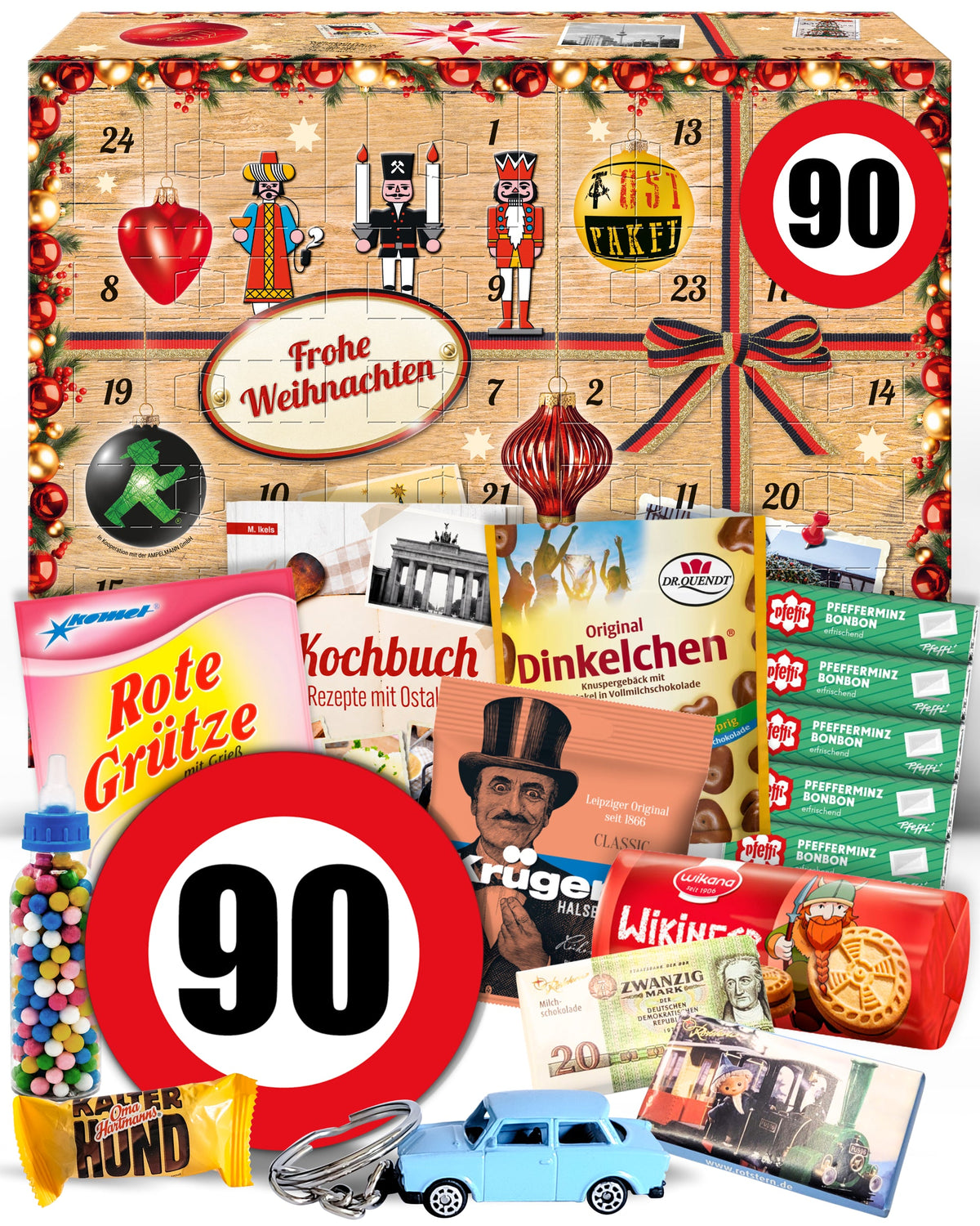 Geburtstag 90 - Ostalgie Adventskalender 2026 – 24 Erinnerungen & Kultprodukte mit Marken wie Viba, Halloren, Zetti, Komet & Pfeffi