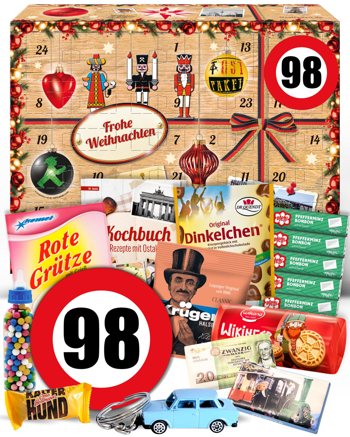 Geburtstag 98 - Ostalgie Adventskalender 2026 – 24 Erinnerungen & Kultprodukte mit Marken wie Viba, Halloren, Zetti, Komet & Pfeffi