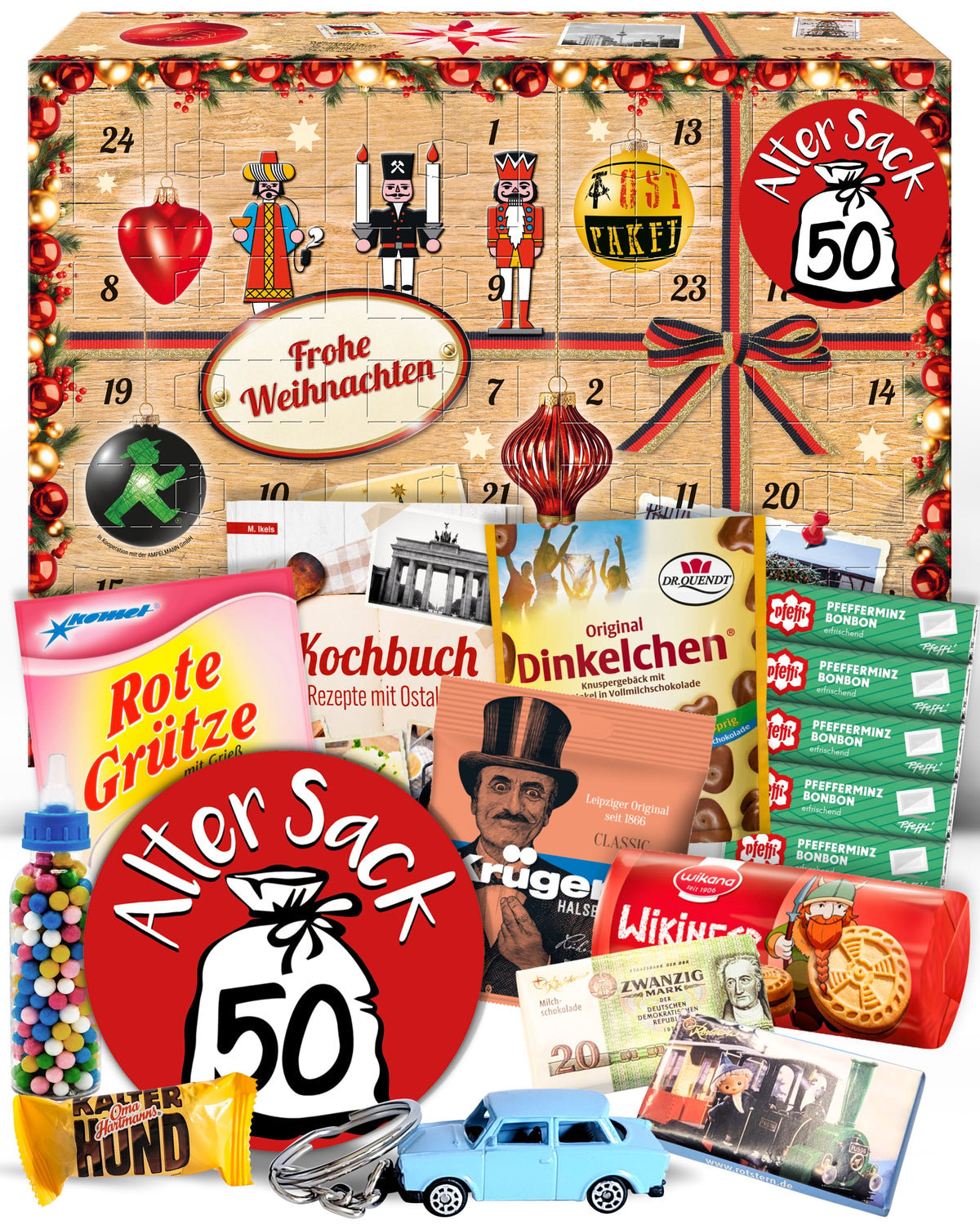 Alter Sack 50 - Ostalgie Adventskalender 2026 – 24 Erinnerungen & Kultprodukte mit Marken wie Viba, Halloren, Zetti, Komet & Pfeffi