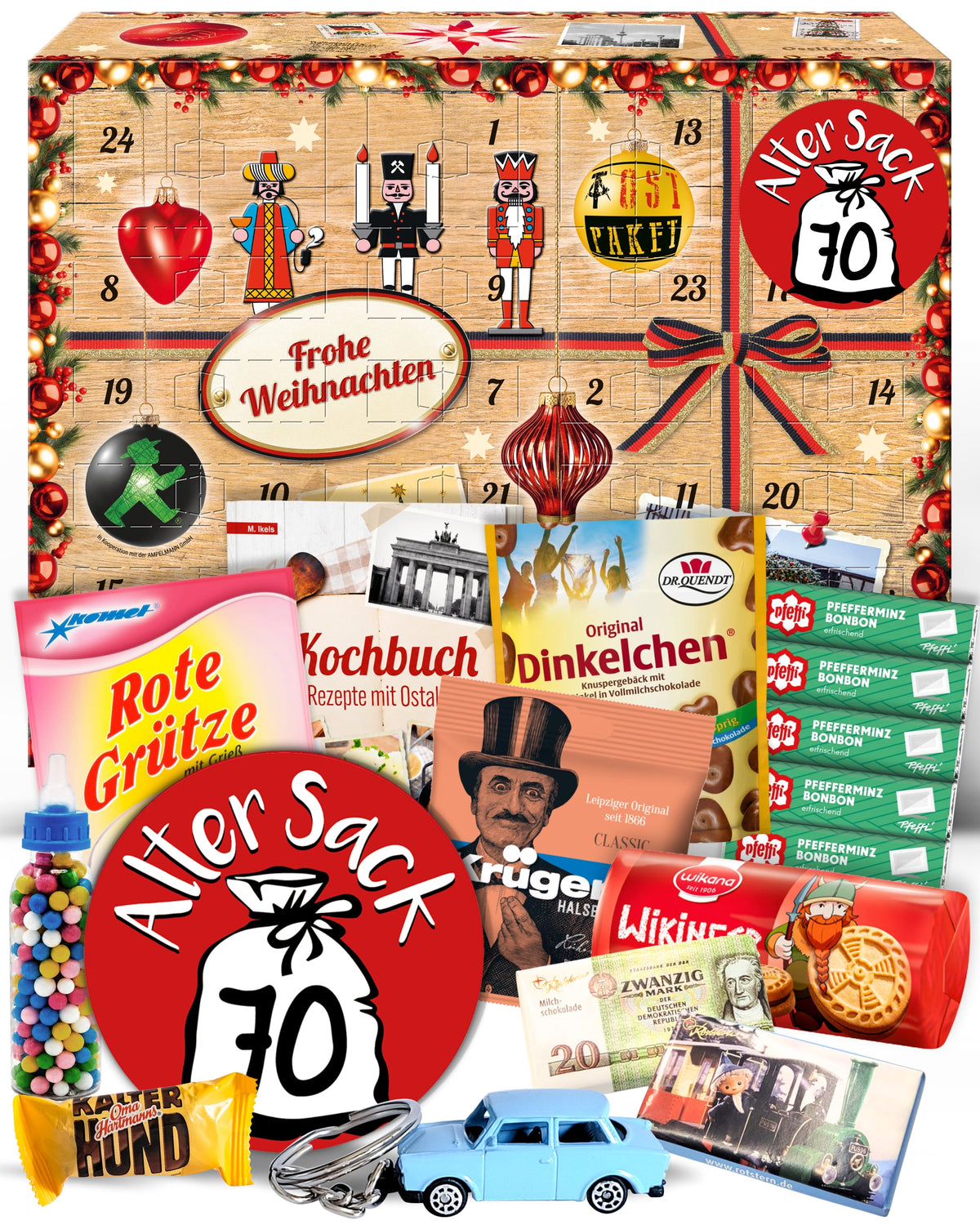 Alter Sack 70 - Ostalgie Adventskalender 2026 – 24 Erinnerungen & Kultprodukte mit Marken wie Viba, Halloren, Zetti, Komet & Pfeffi