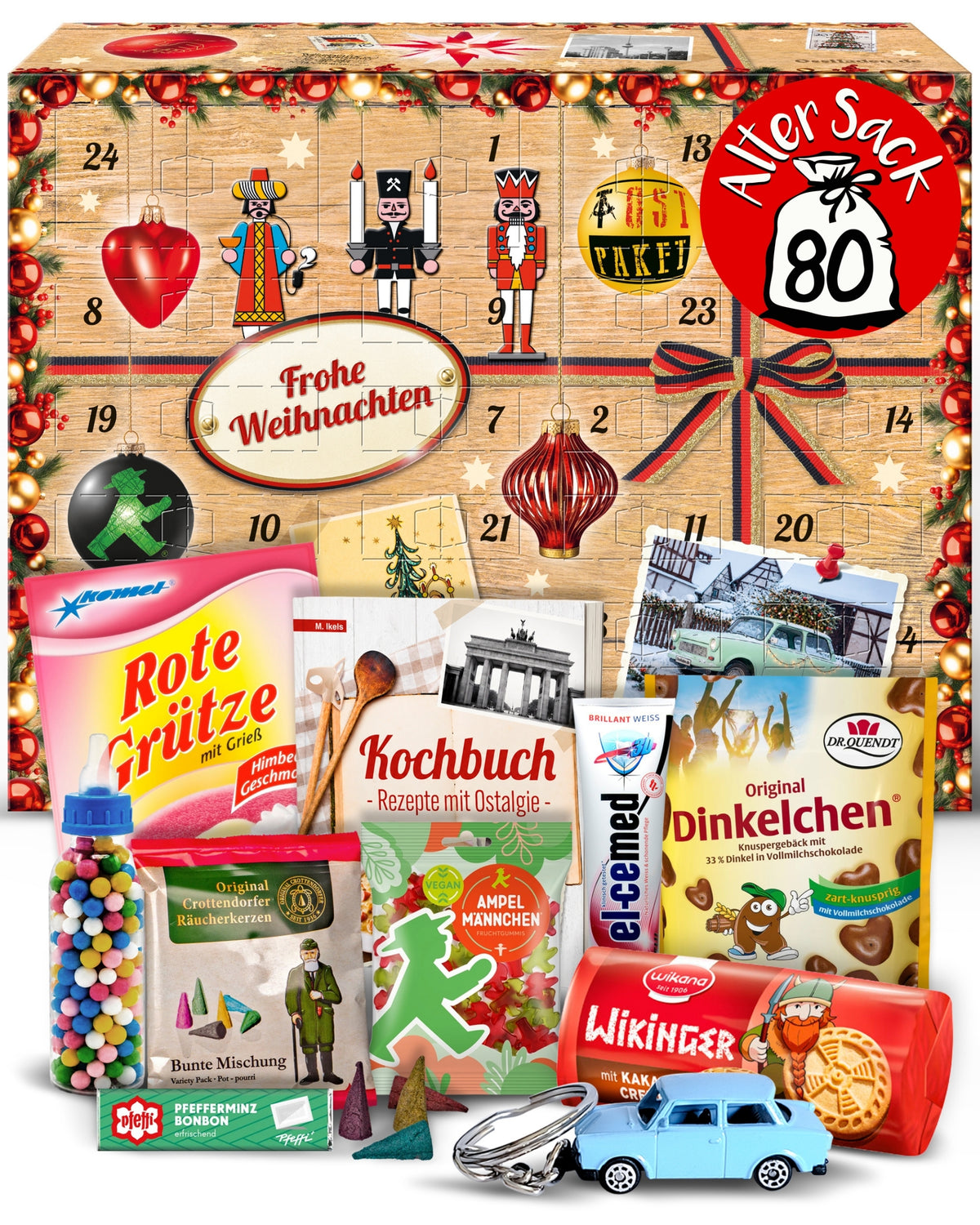 Alter Sack 80 - Ostalgie Adventskalender 2026 – 24 Erinnerungen & Kultprodukte mit Marken wie Viba, Halloren, Zetti, Komet & Pfeffi