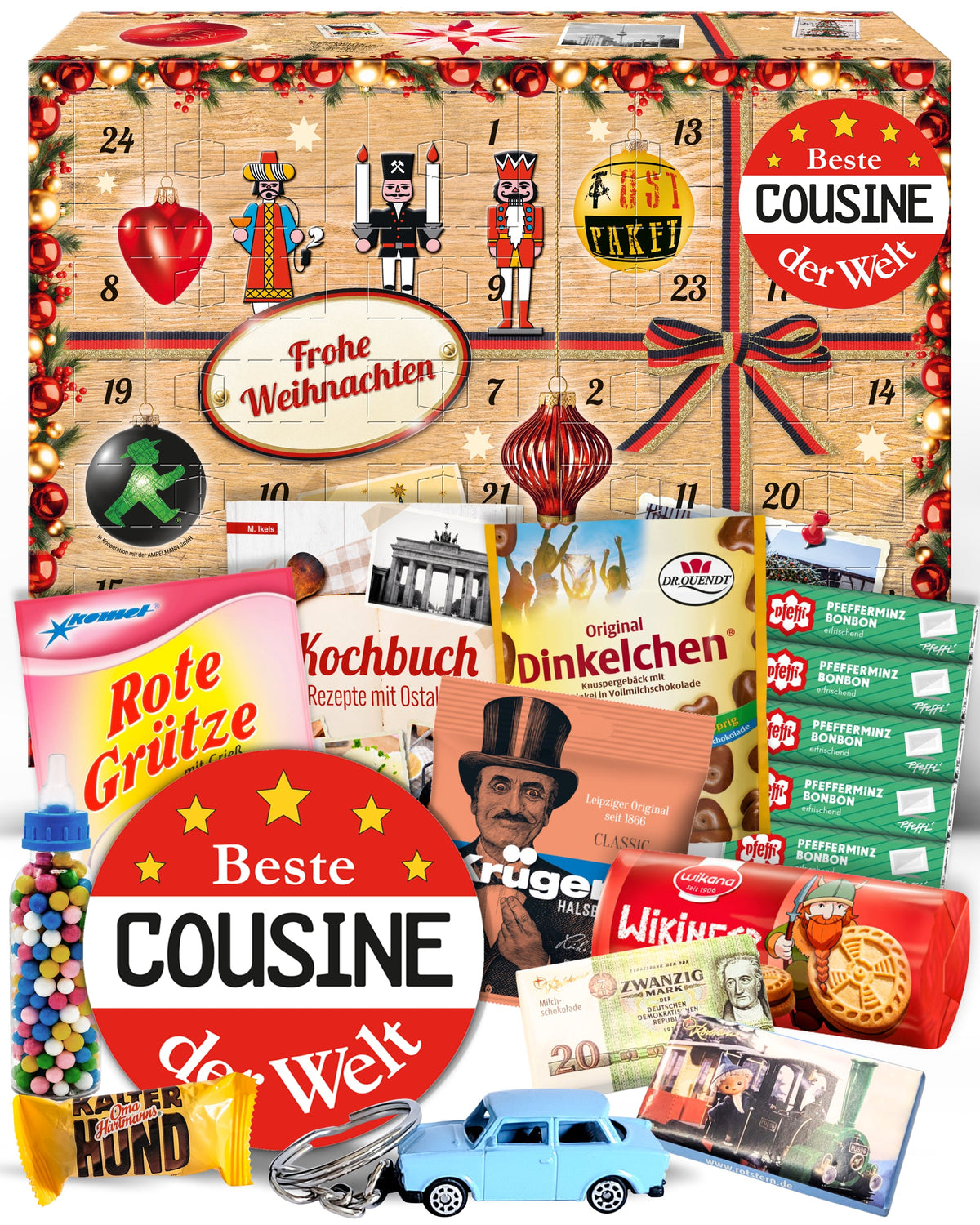 Beste Cousine - Ostalgie Adventskalender 2026 – 24 Erinnerungen & Kultprodukte mit Marken wie Viba, Halloren, Zetti, Komet & Pfeffi
